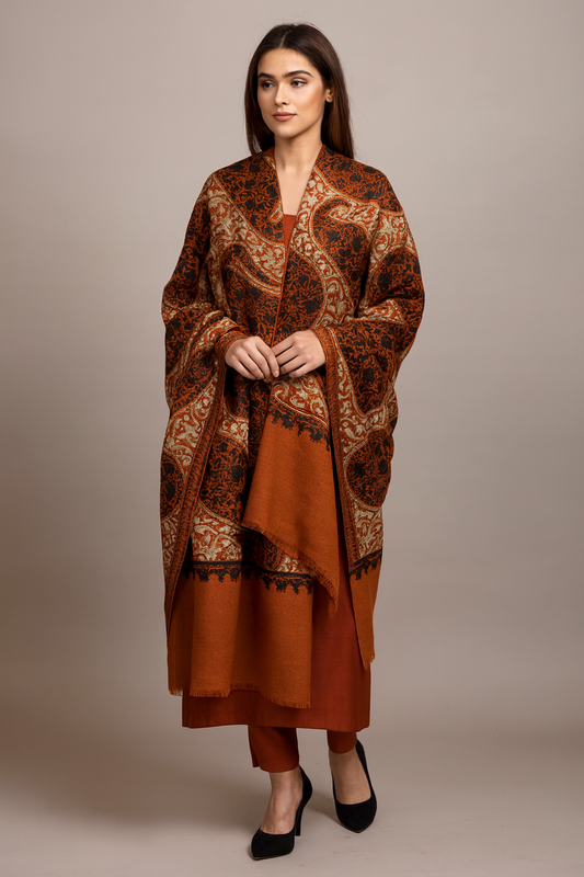 Rust & Black Aari Embroidered Pashmina Shawl