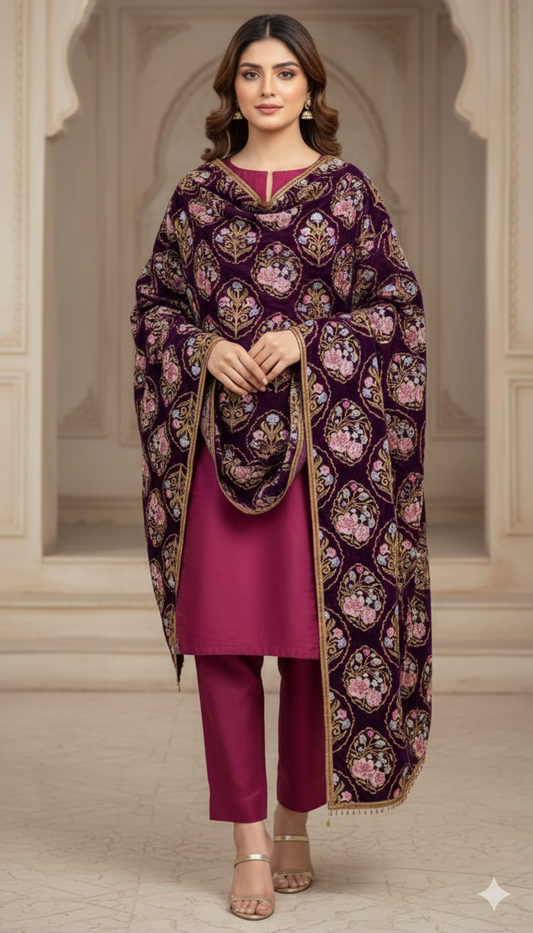 Purple Embroidered Velvet Shawl