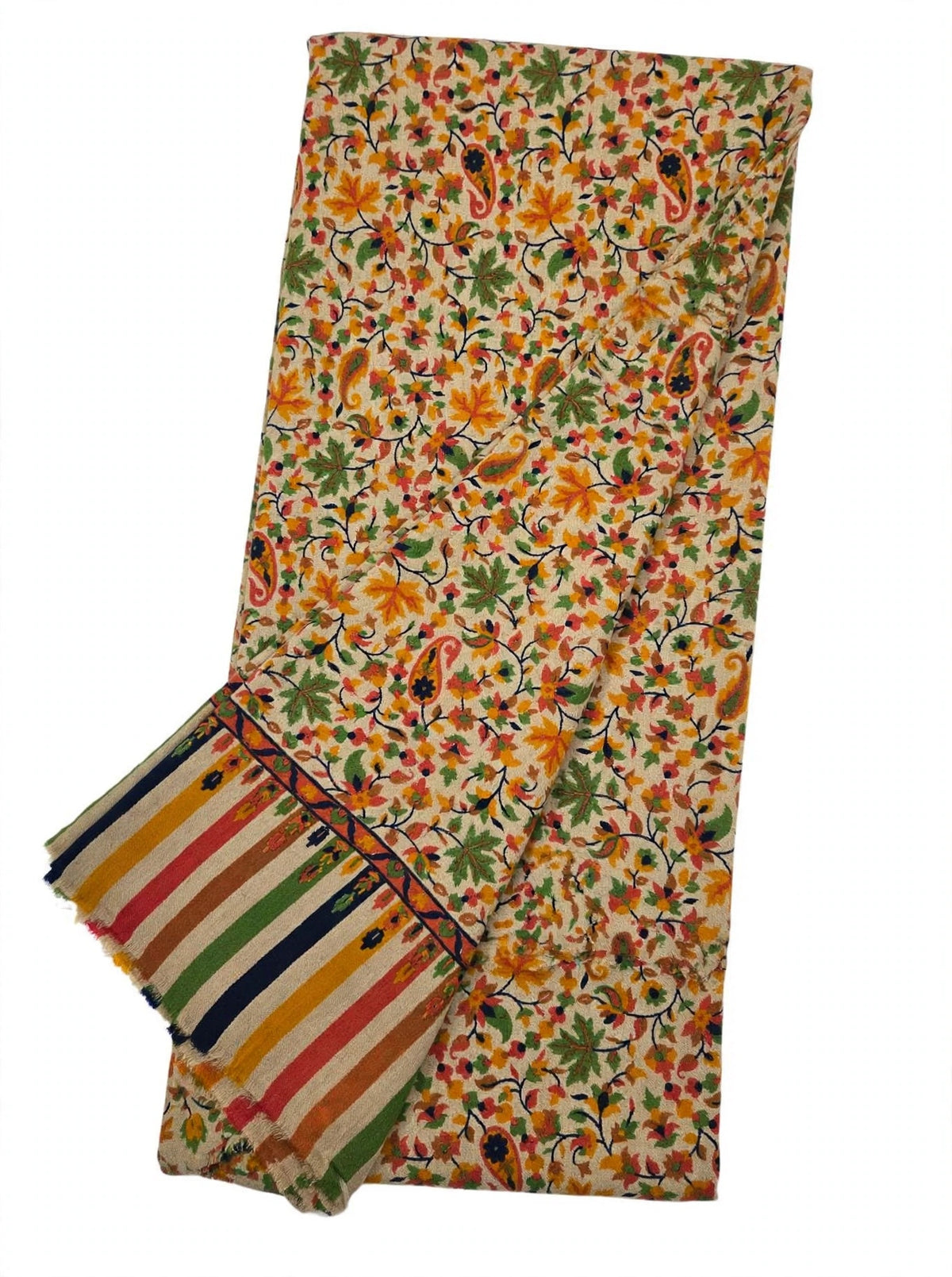Floral Printed Pashmina Shawl with Striped Border | Soft Autumn Leaf Wrap