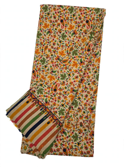 Floral Printed Pashmina Shawl with Striped Border | Soft Autumn Leaf Wrap