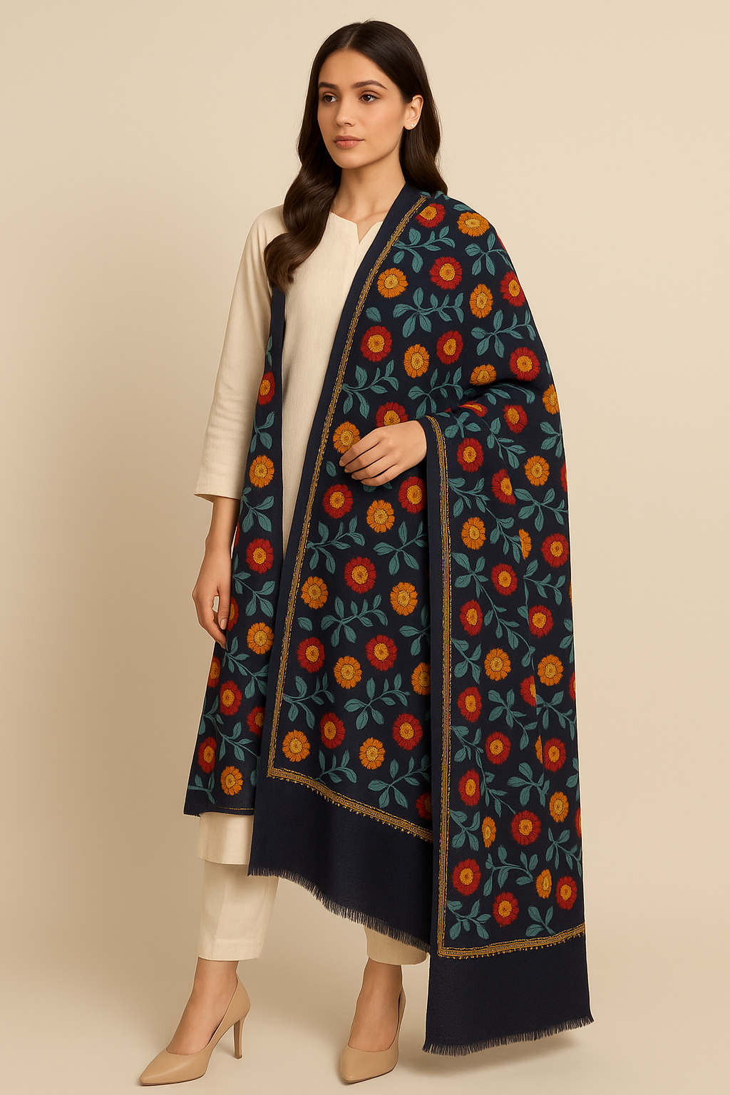 Handcrafted Floral Pashmina Shawl – Midnight Navy with Golden Trim