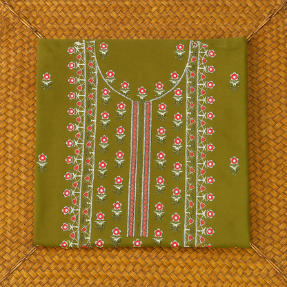 Olive Green Embroidered Lawn – Unstitched 2PC Suit