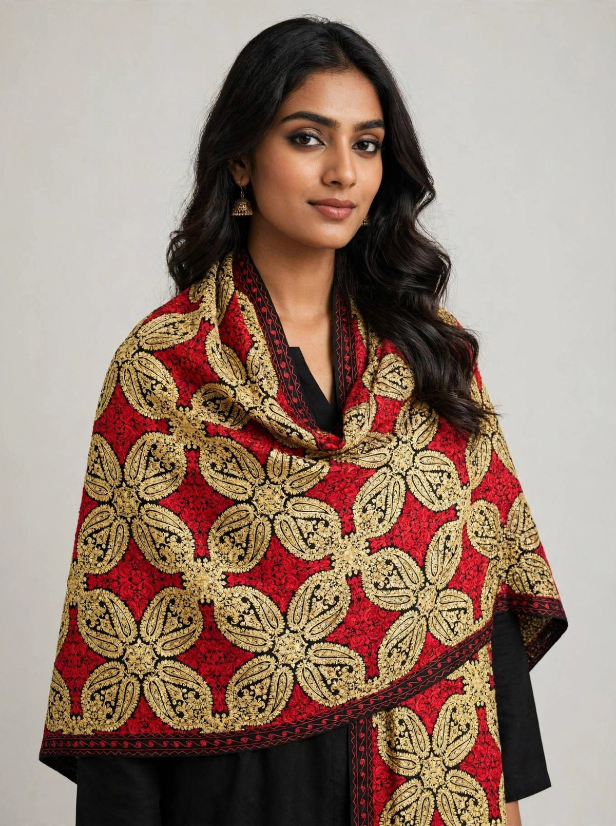 Traditional Kashmir Pashmina Shawl  Crimson & Gold Tilla Embroidery Wrap