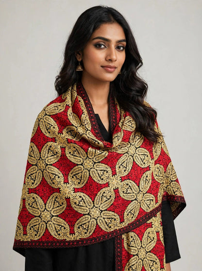 Traditional Kashmir Pashmina Shawl  Crimson & Gold Tilla Embroidery Wrap