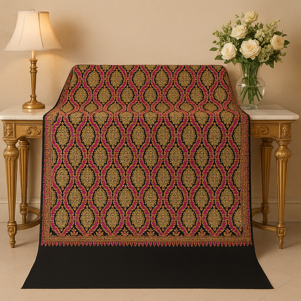 Luxury Pashmina Shawl – Golden & Pink Hand Embroidery on Black