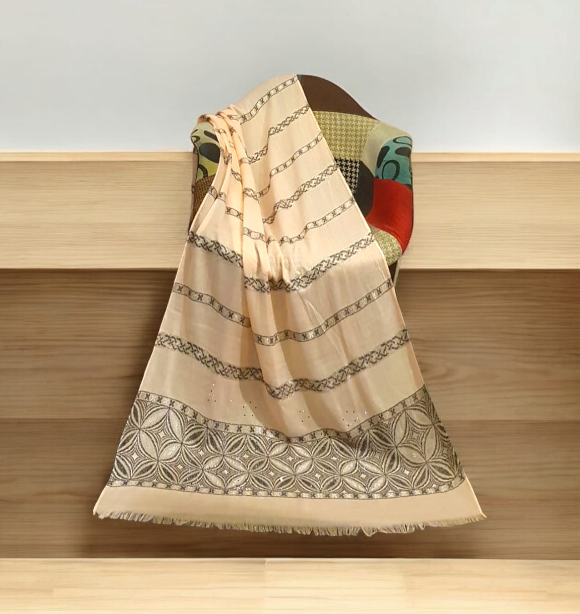Luxury Jacquard Silk Blend Stole/Shawl with Geometric Weave - Peach/Beige