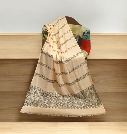 Luxury Jacquard Silk Blend Stole/Shawl with Geometric Weave - Peach/Beige