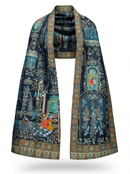 Teal Blue Mughal Darbar Minakari Shawl - Premium Kaani Pashmina Shawl