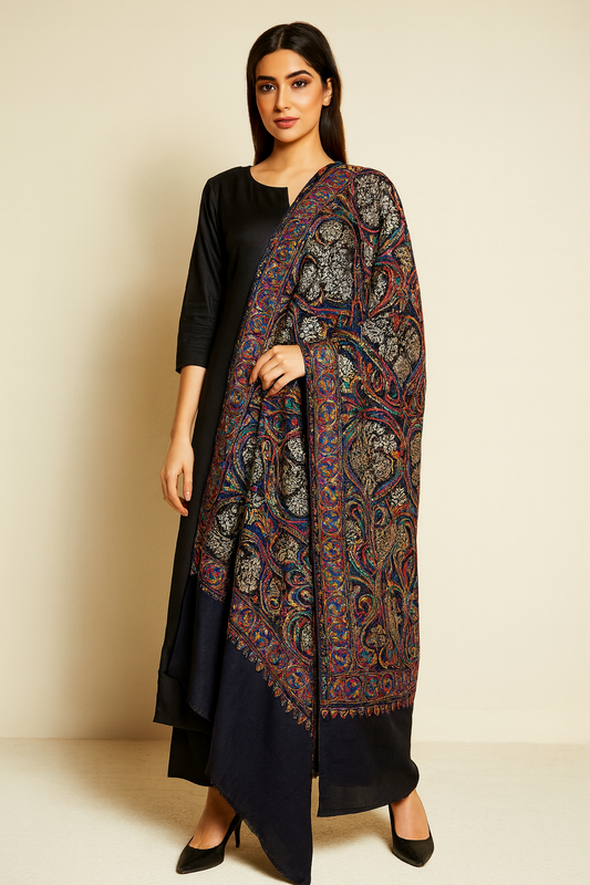 Luxury Kashmiri Aari Embroidered Pashmina Shawl Midnight Black