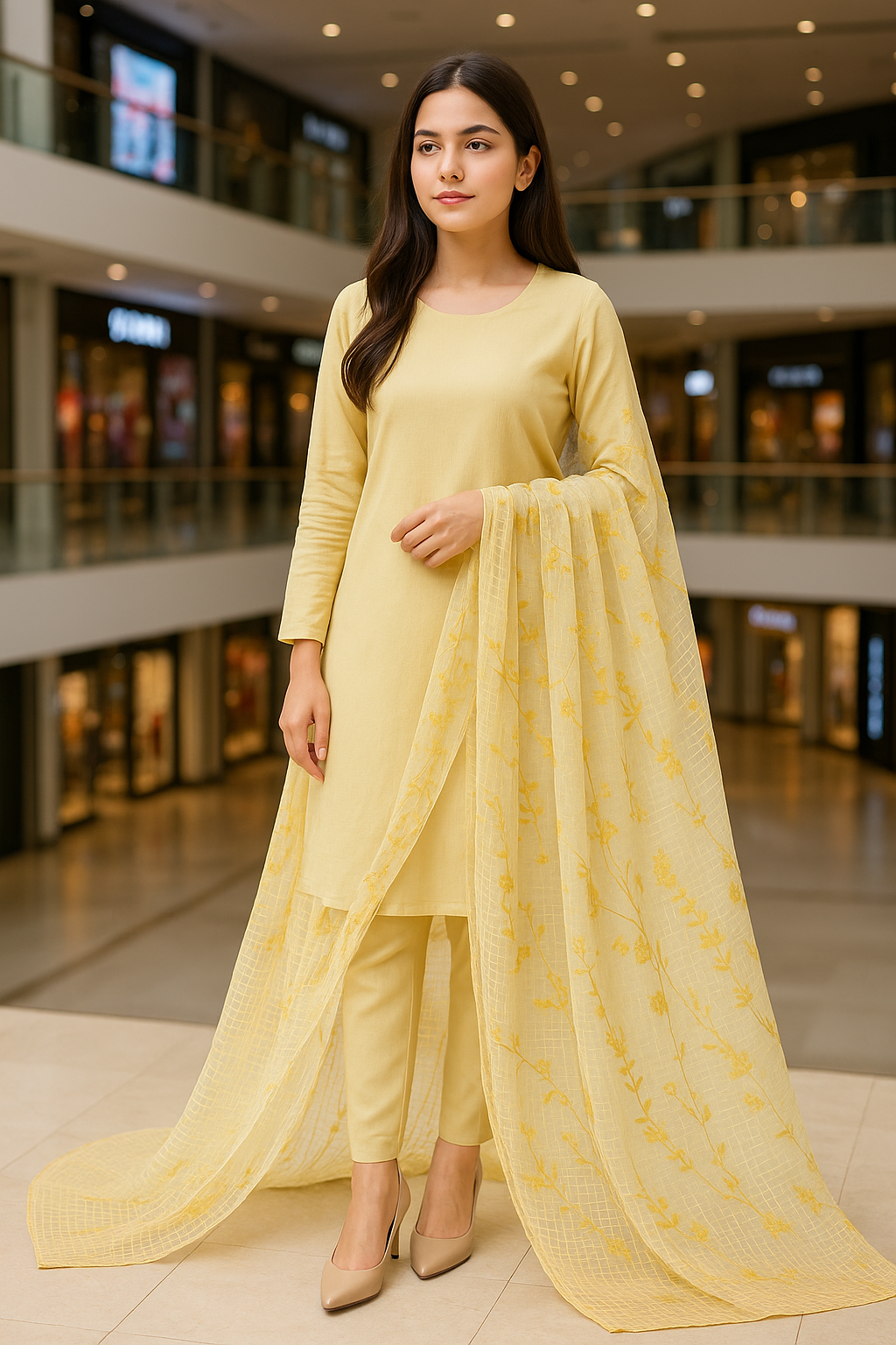 Light Yellow Embroidered Lawn Dupatta