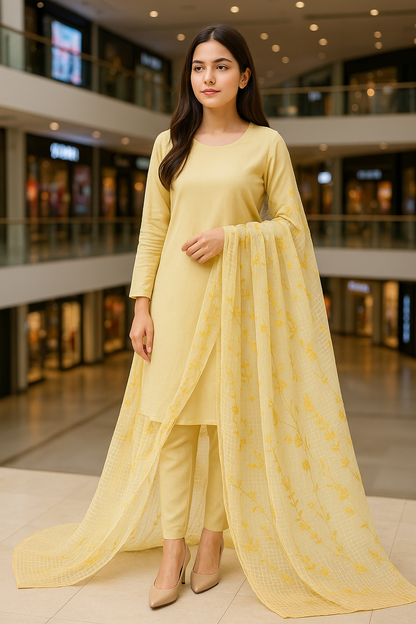 Light Yellow Embroidered Lawn Dupatta