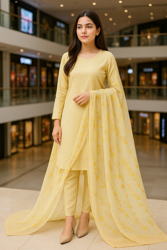 Light Yellow Embroidered Lawn Dupatta