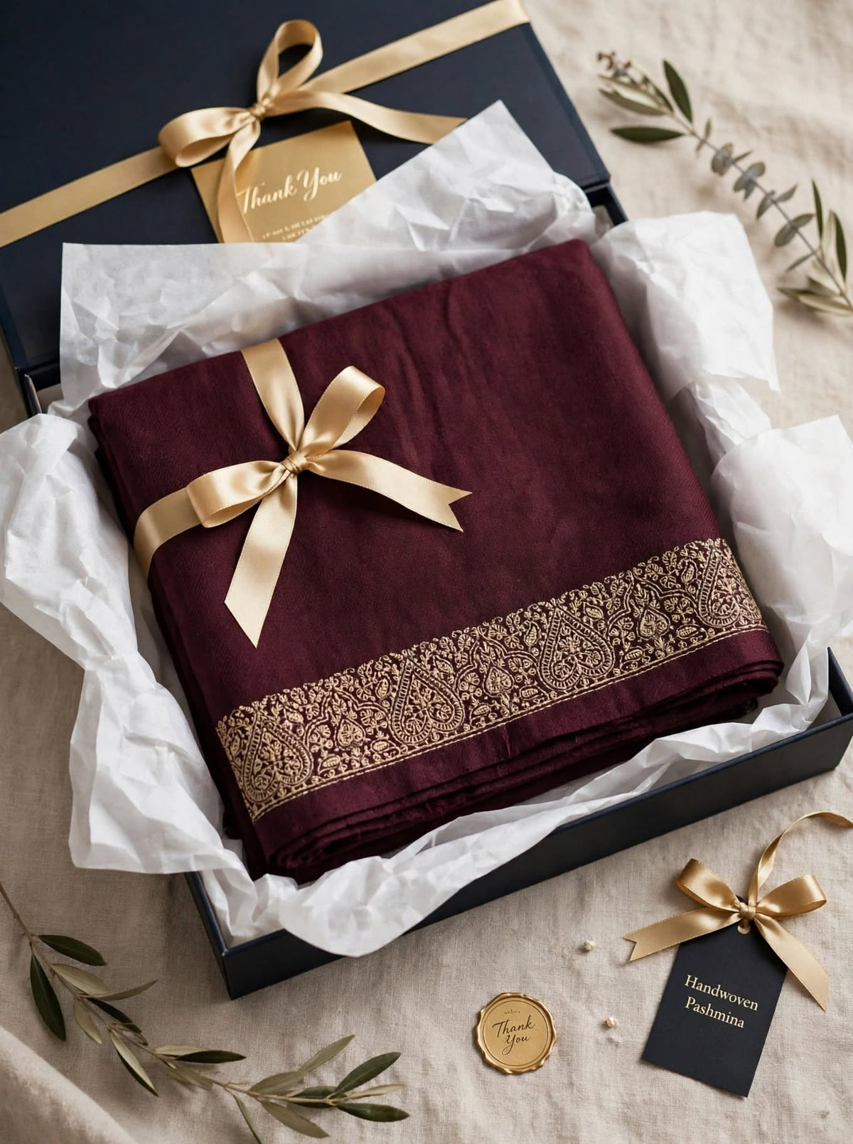 Plum Embroidered Pashmina Shawl - Gold Zari Paisley Border - Soft Wool Winter Shawl