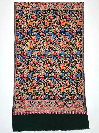 Bottle Green Shikargah Pashmina Shawl | Pure Pashmina Nalki Embroidery | Luxury Wrap