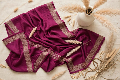 Plum Pashmina Shawl - Gold Embroidered Border - Formal Wrap