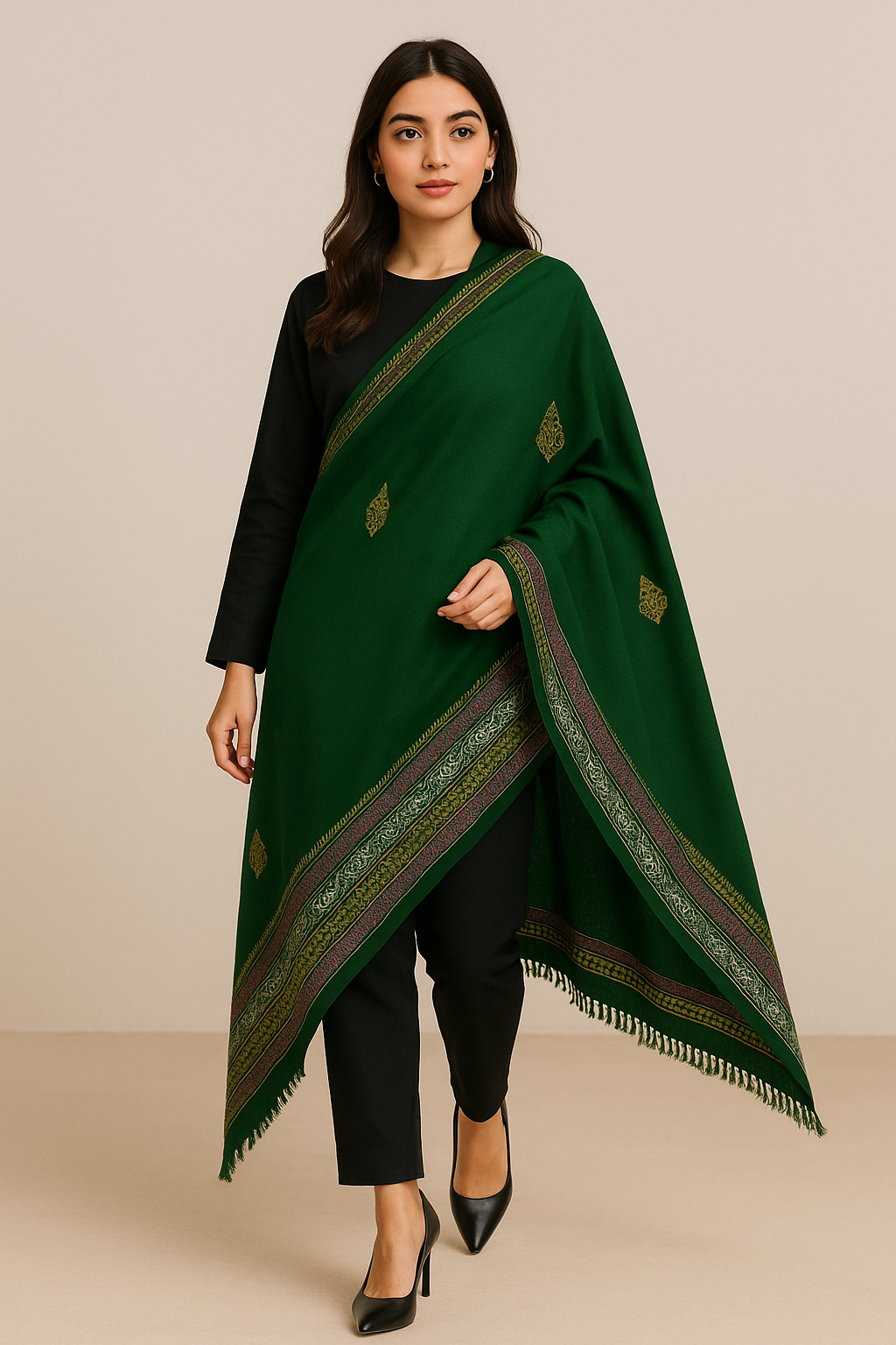 Emerald Green Pashmina Shawl with Multicolor Block Print Border
