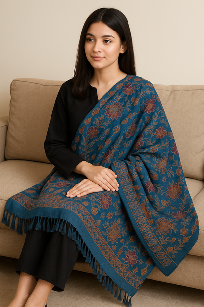 Elegant Blue Karandi Embroidered Floral Heritage Design