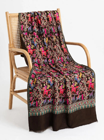 Brown Pashmina Shikargah Shawl with Multicolor Nalki Embroidery - Royal Hunt