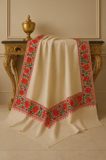 Elegant Pashmina Shawl with Aari Embroidery  4 Side Floral Border