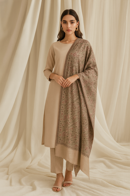 Elegant Needle Embroidery Pashmina Shawl Soft Taupe & Rose Hues
