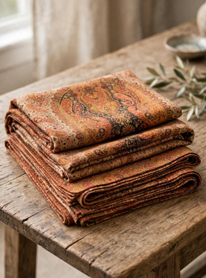 Heritage Jama Silk Zari Shawl Rust Orange & Gold Paisley Work