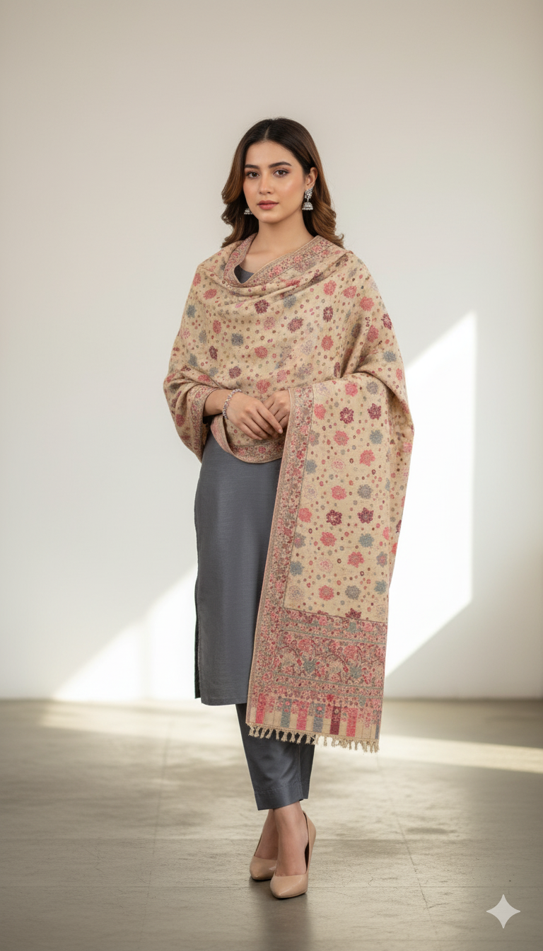 Elegant Beige Kani Pashmina Shawl – Handwoven Floral Heritage