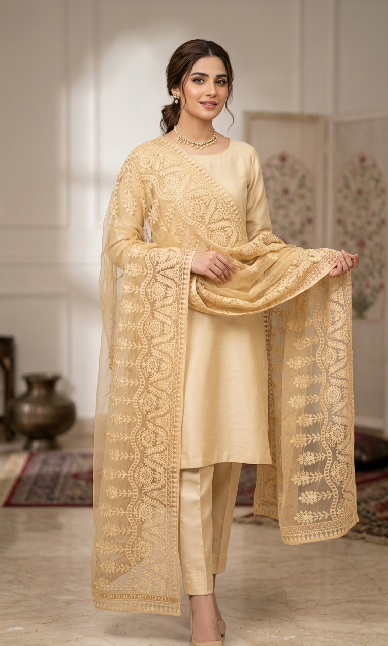 Beige Scalloped Soft Net Embroidered Dupatta