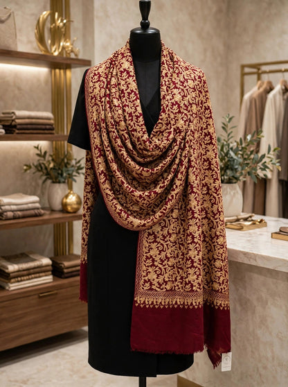 Maroon Pashmina Shawl Gold Aari Embroidery