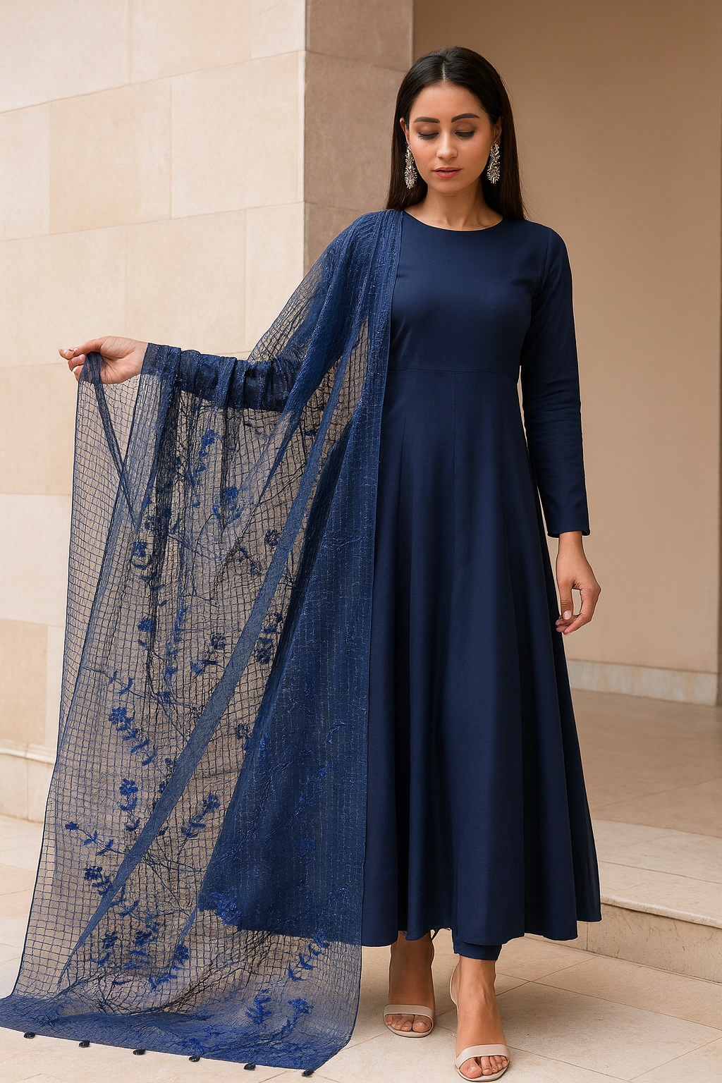 Navy Blue Lawn Thread & Stone Embroidered Dupatta
