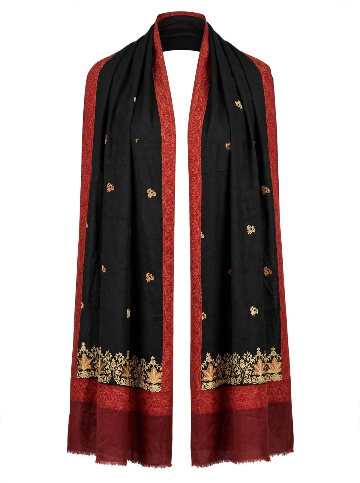 Noor-e-Chinar - Black & Maroon Gold Embroidered Pashmina Shawl Authentic Kashmiri Booti Shawl