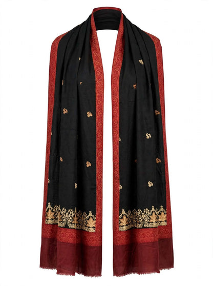 Noor-e-Chinar - Black & Maroon Gold Embroidered Pashmina Shawl Authentic Kashmiri Booti Shawl