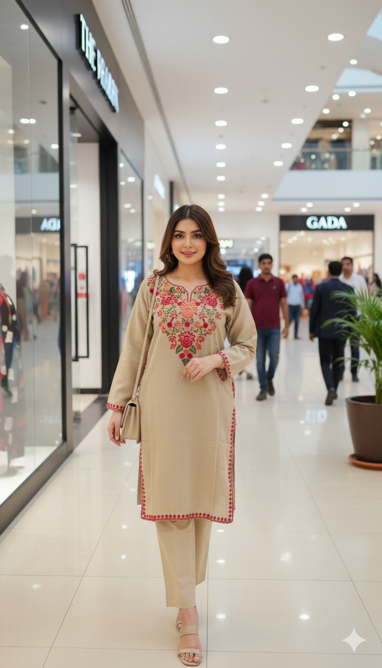 The Exquisite Beige & Pink Floral Pheran