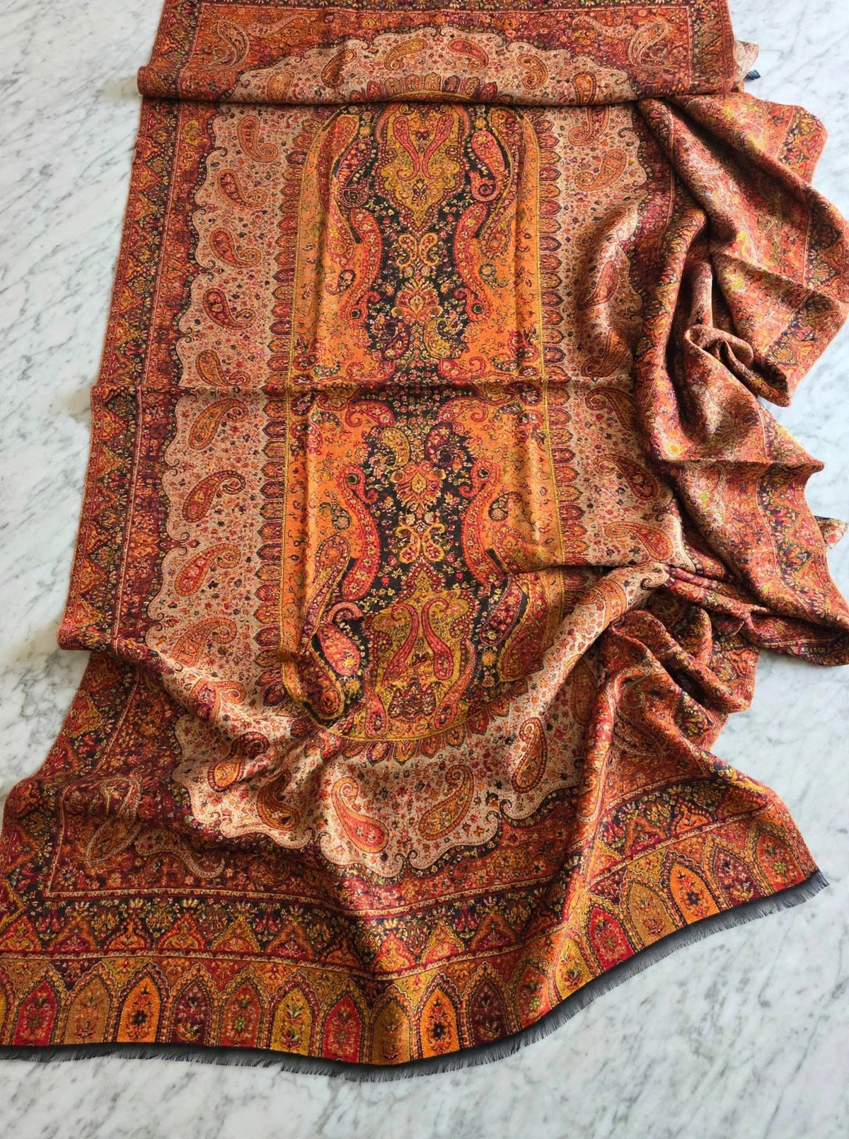 Heritage Jama Silk Zari Shawl Rust Orange & Gold Paisley Work