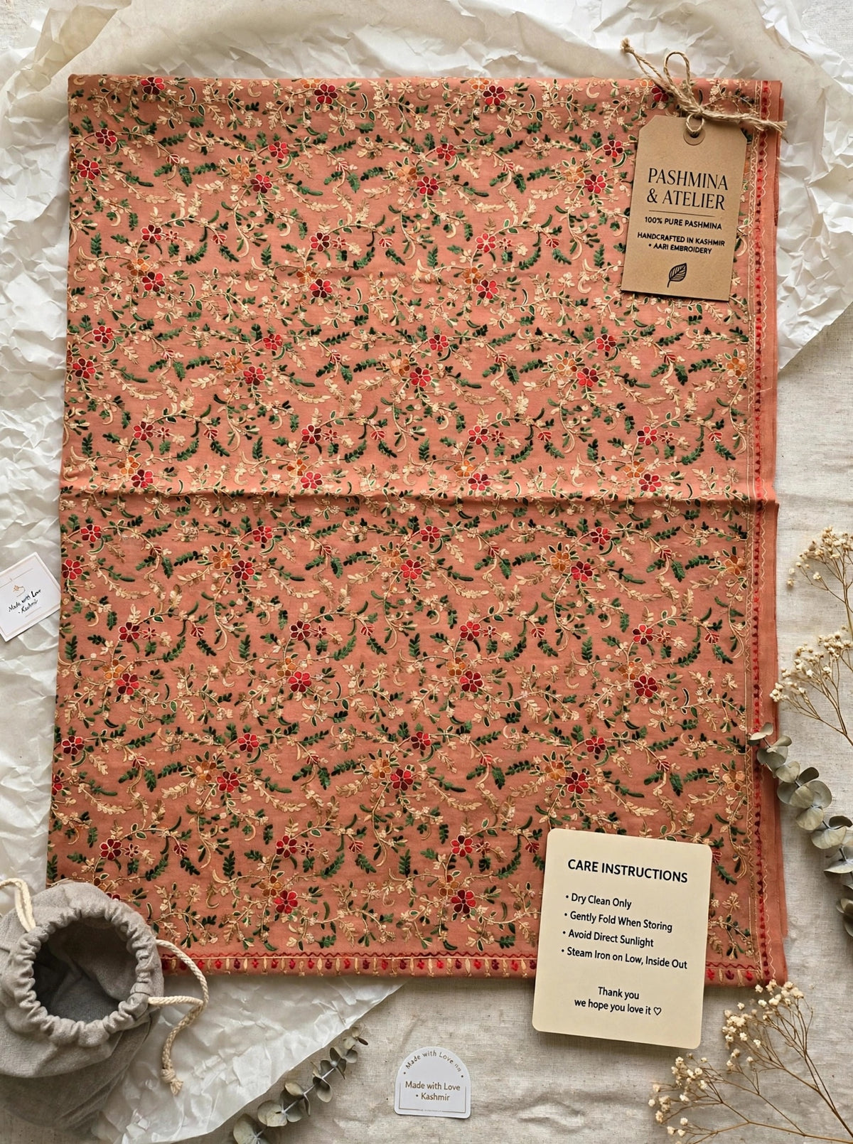 Peach Blossom - Kashmiri Aari Embroidered Pashmina Shawl