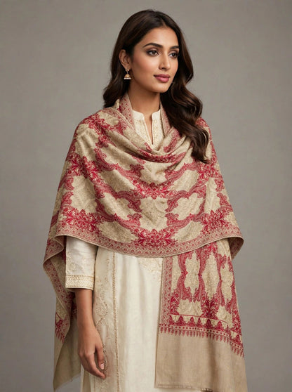 Beige Kashmiri Pashmina Shawl with Raspberry Pink Aari Embroidery