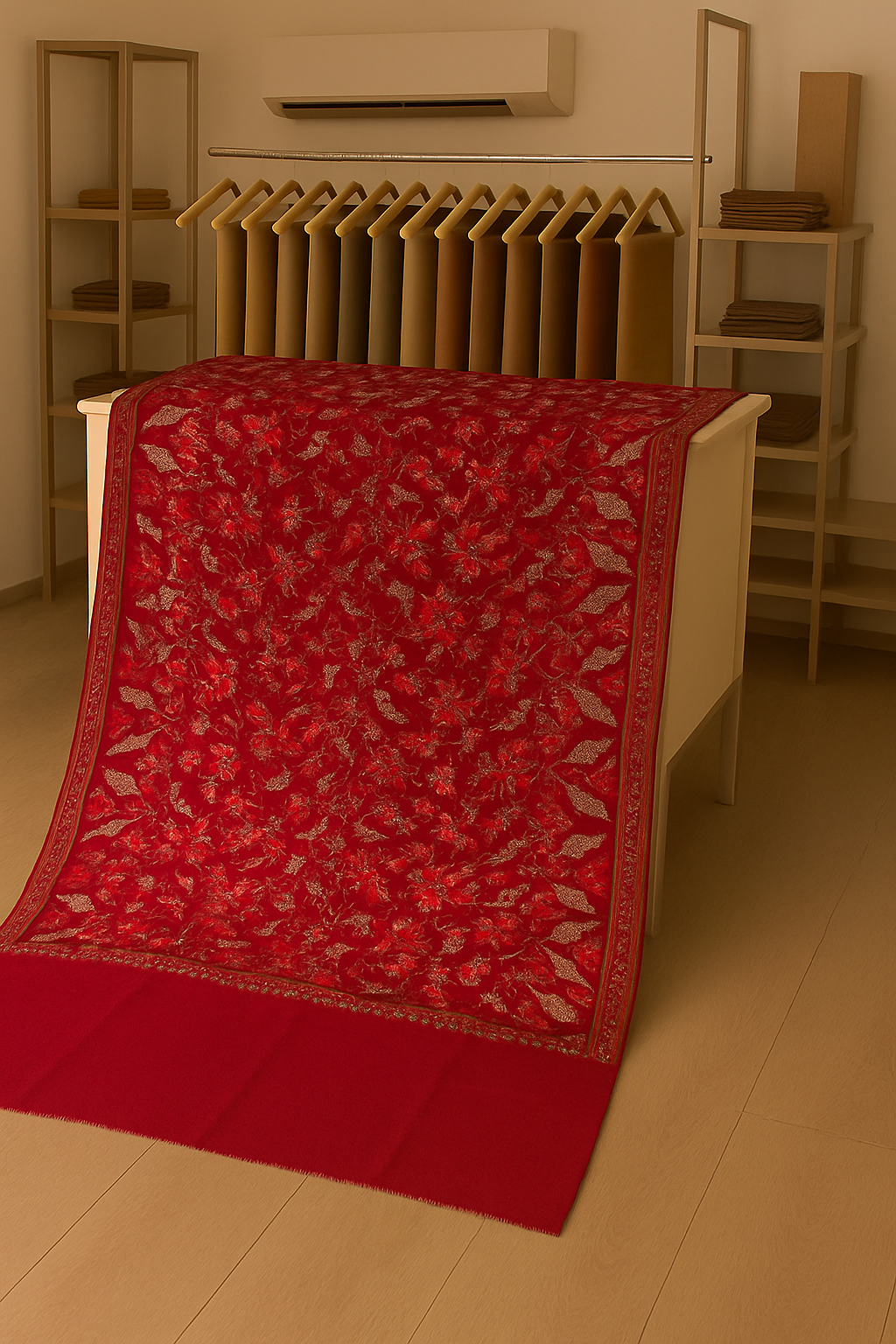 Luxury Red Pashmina Aari Embroidered Shawl Floral & Bird Motif