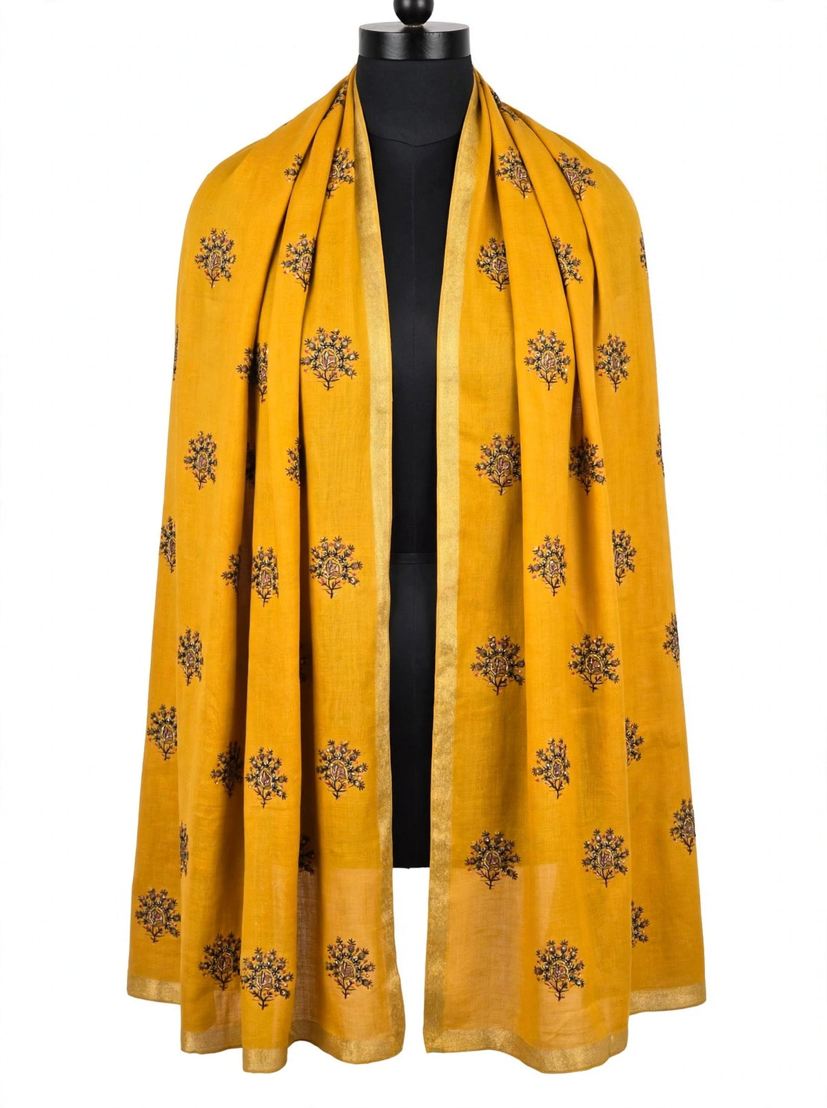 Mustard Embroidered Pashmina Shawl with Gold Zari Border | Booti Work Winter Shawl for Women