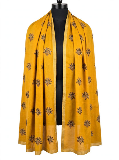 Mustard Embroidered Pashmina Shawl with Gold Zari Border | Booti Work Winter Shawl for Women
