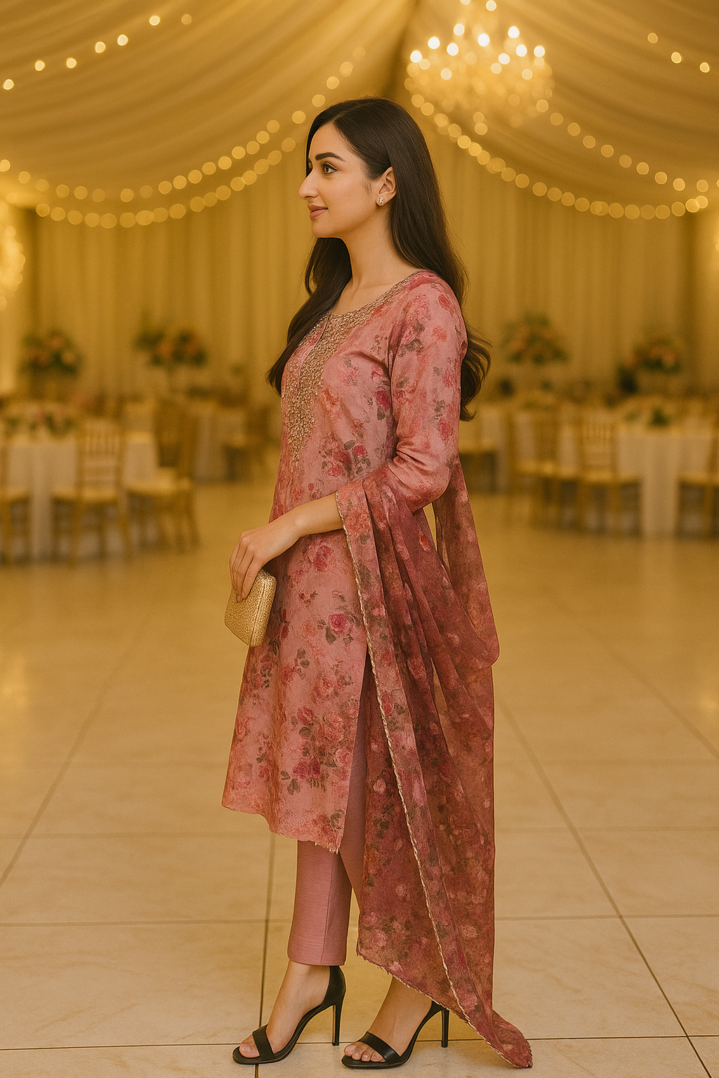 Floral embroidered gota hand embroidered neckline