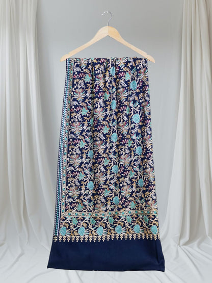 Elegant Navy Blue Pashmina Shawl with Floral Embroidery