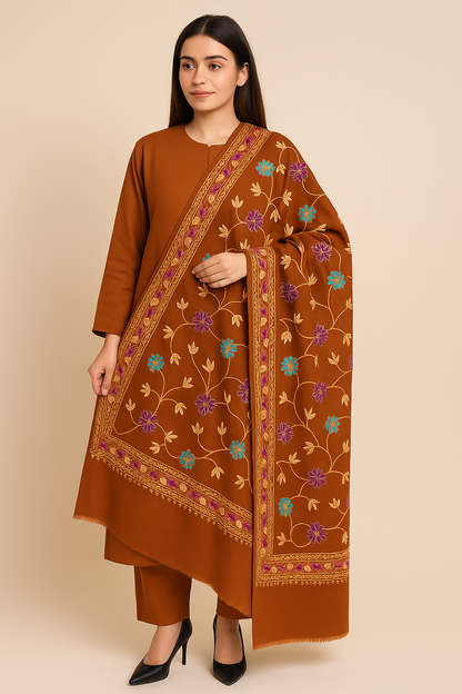 Rust Floral Embroidered Pashmina Shawl  Faiza Jamshed Exclusive