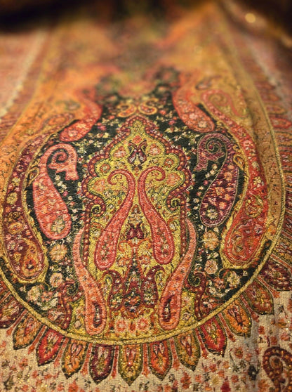 Heritage Jama Silk Zari Shawl Rust Orange & Gold Paisley Work