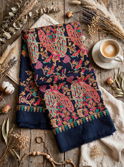 Midnight Peacock Navy Blue Fully Embroidered Pashmina Shawl