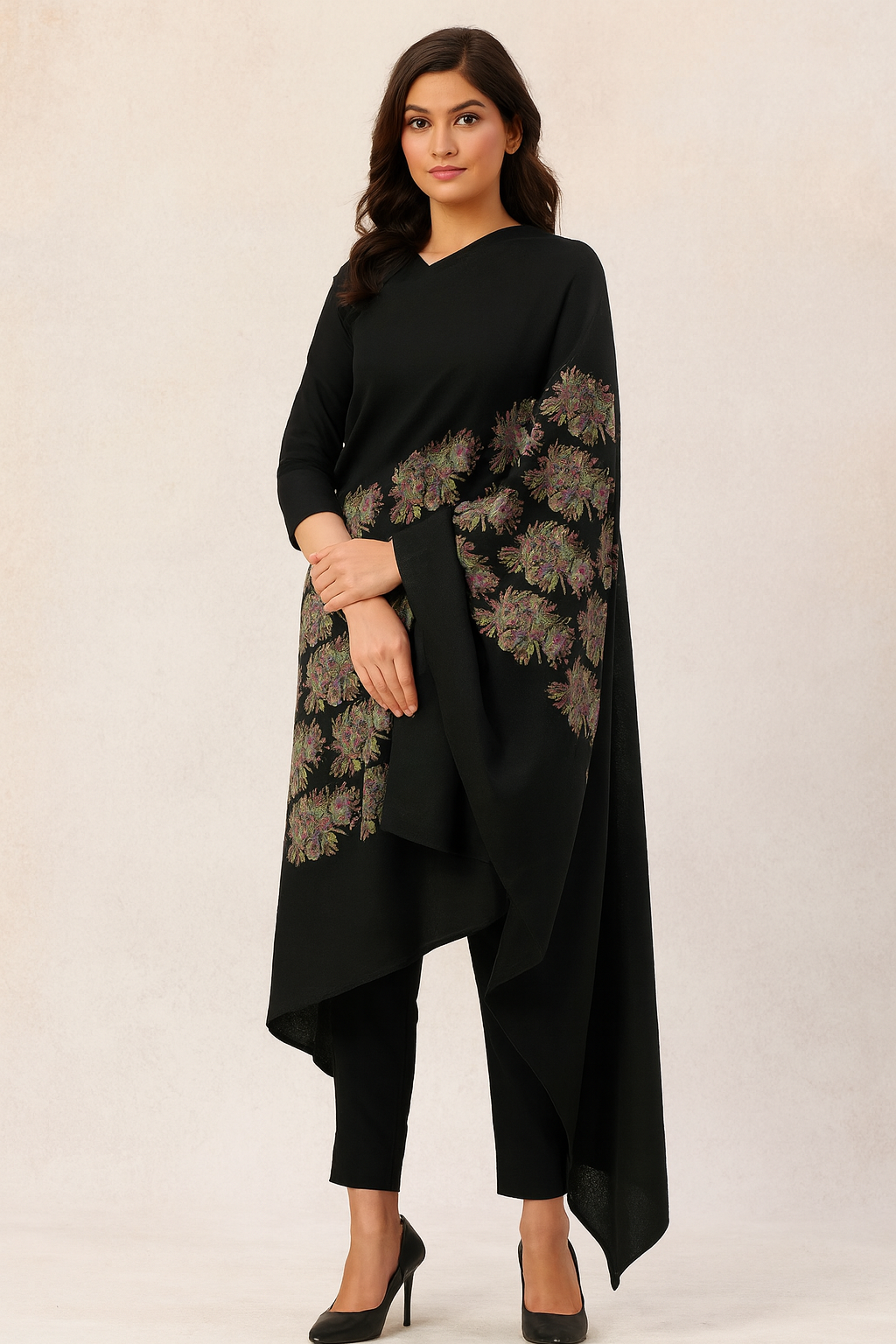 Elegant Black Pashmina Shawl with Floral Block Print Embroidery