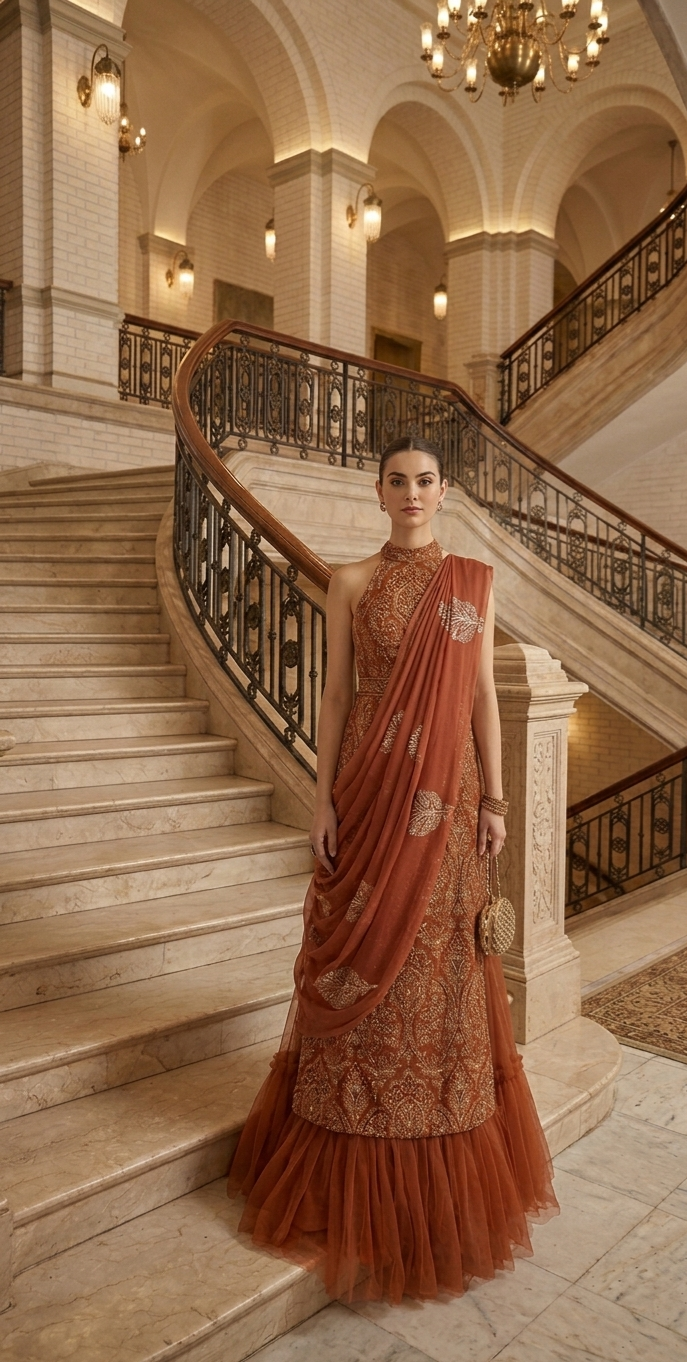 Rust Laser-Cut Applique Net Unstitched Suit