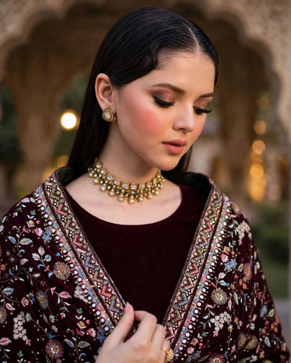 Raat Ki Rani - Burgundy Velvet Kalamkar Shawl Set