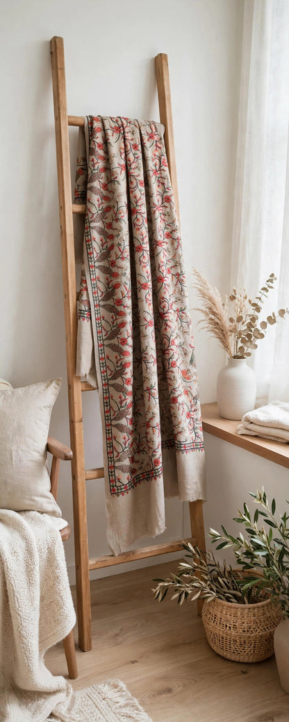 Beige Pashmina Papier Mâché Embroidered Shawl