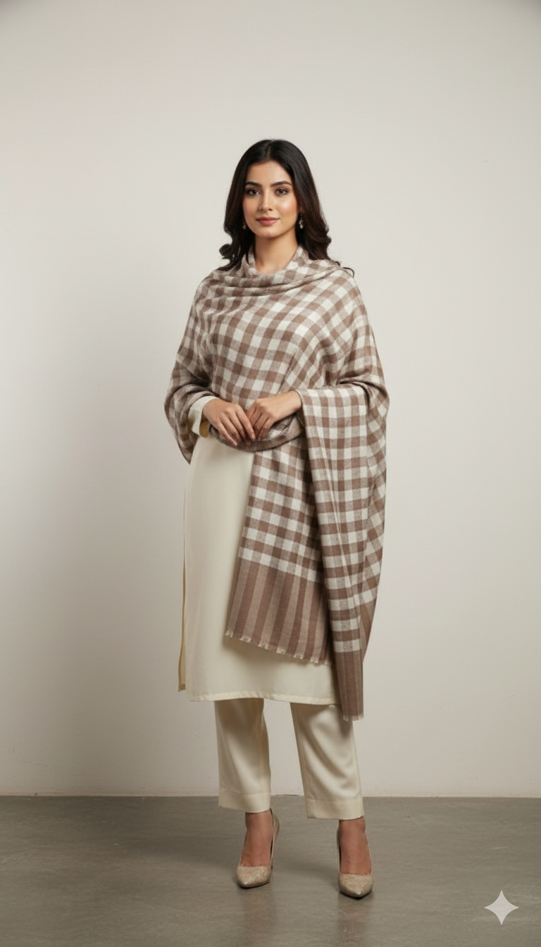 Classic Checkered Pashmina Shawl – Beige & White