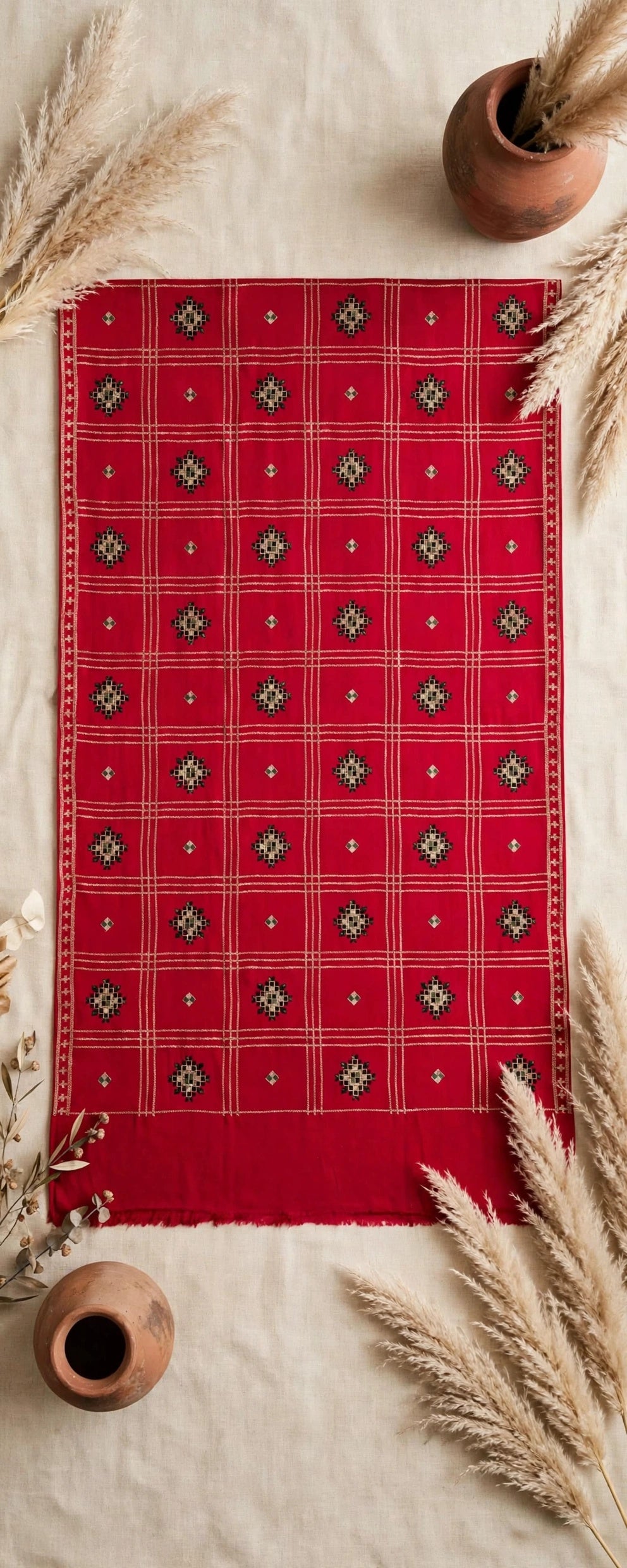 Ruby Red Embroidered Pashmina Shawl - Check Pattern with Mirror Work Motifs