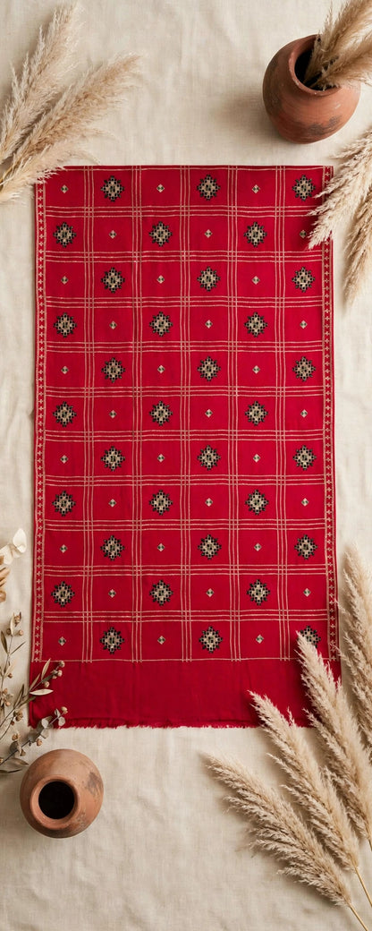 Ruby Red Embroidered Pashmina Shawl - Check Pattern with Mirror Work Motifs